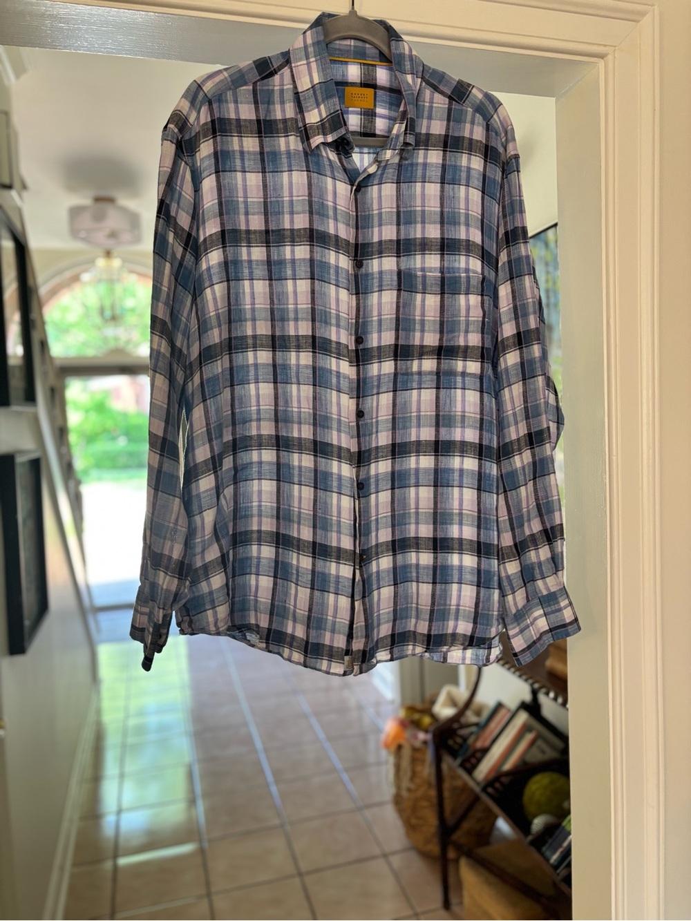 Robert Talbott 100% Linen Plaid Button Front Shirt Large Blue Purple Coastal